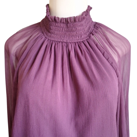 NWT! Joie Sheer Smocked Mock Neck Blouse Burgundy Long Sleeve Boho Top Sz Large - Picture 4 of 9